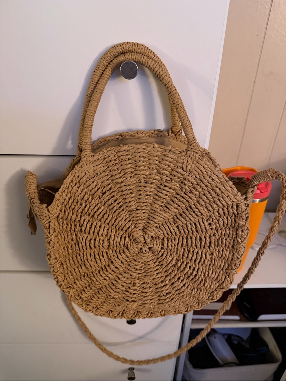 Woven Round Straw Tote Bag in Natural